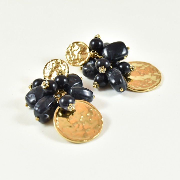 BOUCLES PERLES NOIRES MARTELEES ACIER INOXYDABLE GOLD PETIT PRIX