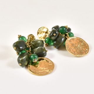 BOUCLES PERLES VERTES MARTELEES ACIER INOXYDABLE GOLD PETIT PRIX