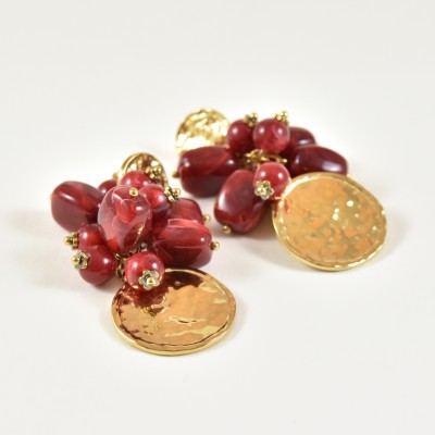 BOUCLES PERLES ROUGES MARTELEES ACIER INOXYDABLE GOLD PETIT PRIX