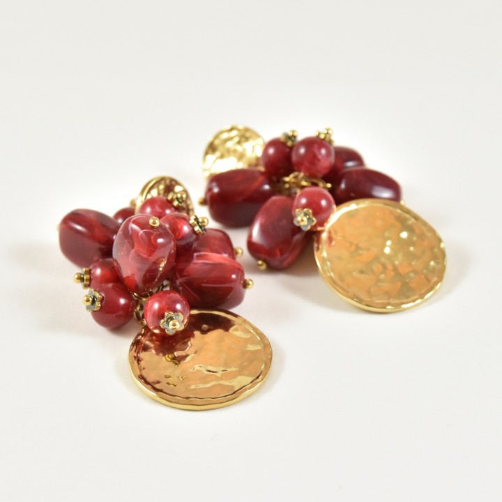 BOUCLES PERLES ROUGES MARTELEES ACIER INOXYDABLE GOLD PETIT PRIX