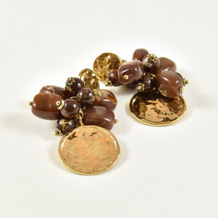 BOUCLES PERLES MARRONS MARTELEES ACIER INOXYDABLE GOLD PETIT PRIX