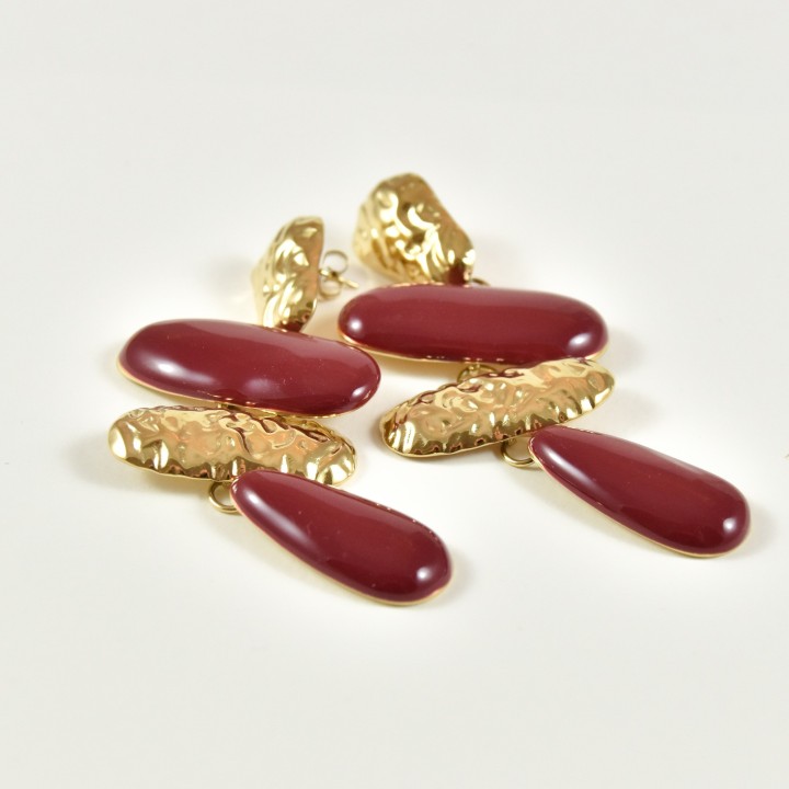 BOUCLES PASTILLES MARTELEES ROUGES ACIER INOXYDABLE GOLD PETIT PRIX