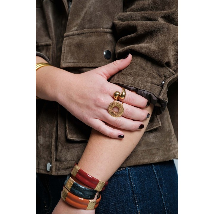 BAGUE ANNEAU DOUBLE RONDE PERLES ACIER INOXYDABLE GOLD PETIT PRIX