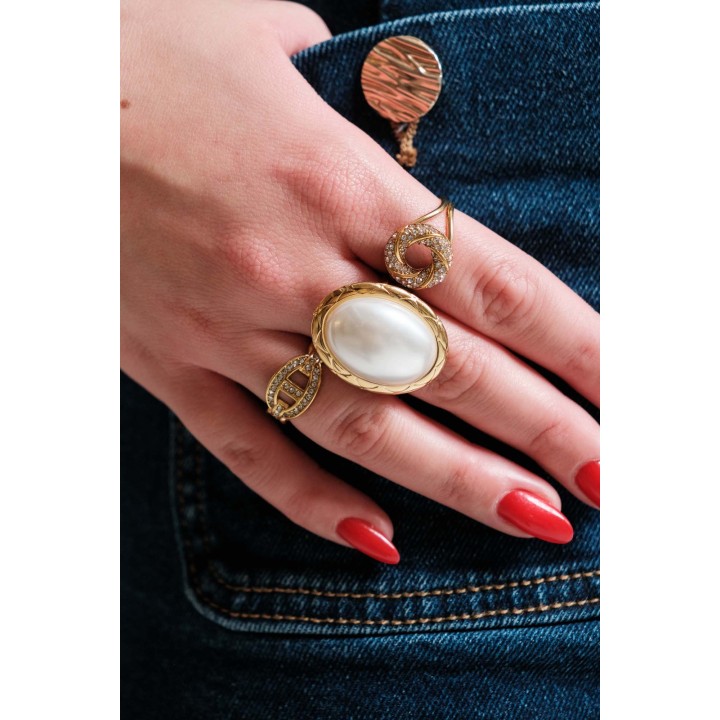 BAGUE OVALE NACRE ACIER INOXYDABLE GOLD PETIT PRIX