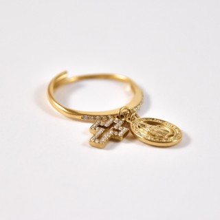 BAGUE MADONE CROIX STRASS ACIER INOXYDABLE GOLD PETIT PRIX