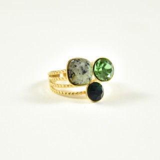BAGUE ANNEAUX FINS PIERRES VERTES ACIER INOXYDABLE GOLD PETIT PRIX