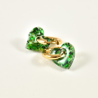 BOUCLES CREOLES COEUR RESINE VERTE CREATION ACIER INOX GOLD PETIT PRIX