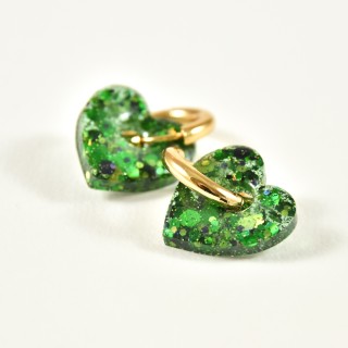 BOUCLES CREOLES COEUR RESINE VERTE CREATION ACIER INOX GOLD PETIT PRIX