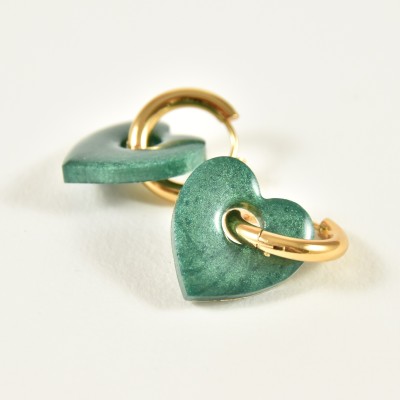 BOUCLES CREOLES COEUR RESINE VERTE CREATION ACIER INOX GOLD PETIT PRIX