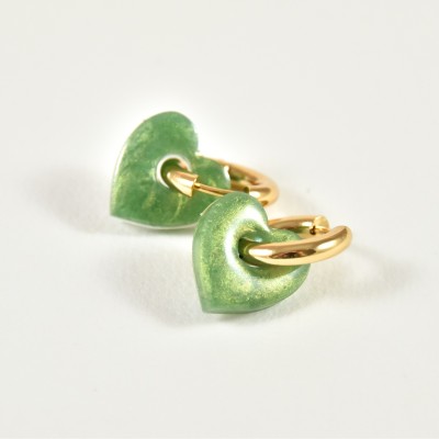 BOUCLES CREOLES COEUR RESINE VERTE CREATION ACIER INOX GOLD PETIT PRIX