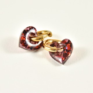 BOUCLES CREOLES COEUR RESINE ROUGE CREA ACIER INOX GOLD PETIT PRIX