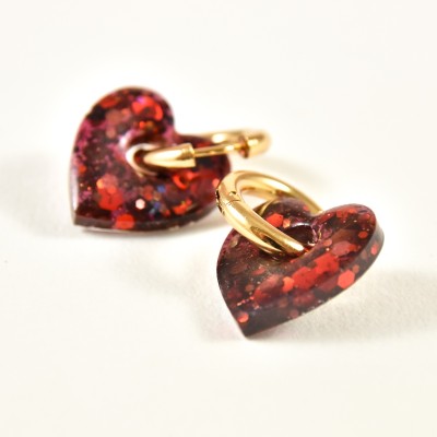 BOUCLES CREOLES COEUR RESINE ROUGE CREA ACIER INOX GOLD PETIT PRIX