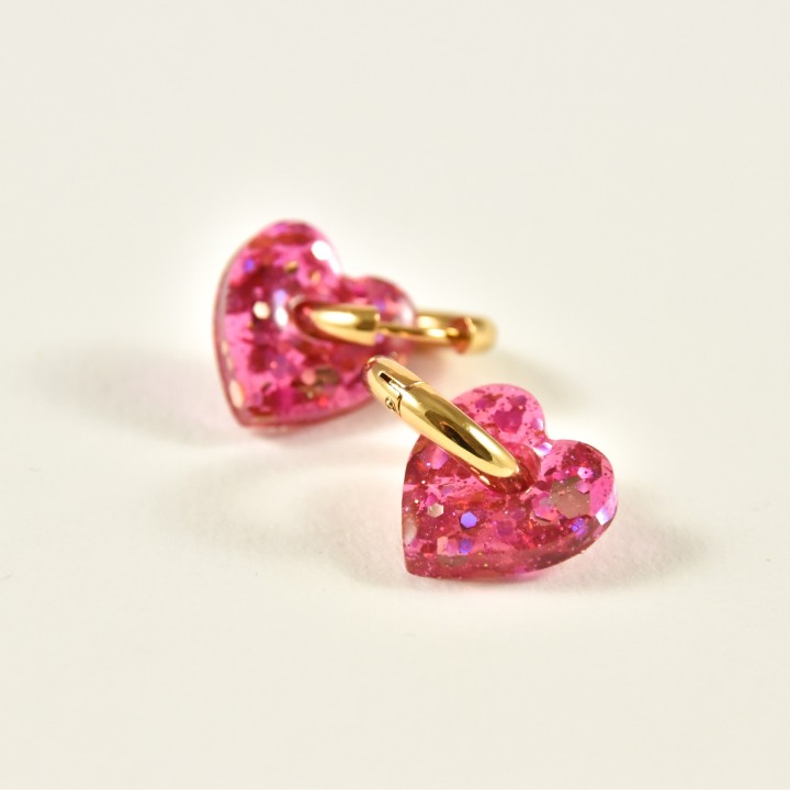 BOUCLES CREOLES COEUR RESINE ROSE CREA ACIER INOX GOLD PETIT PRIX