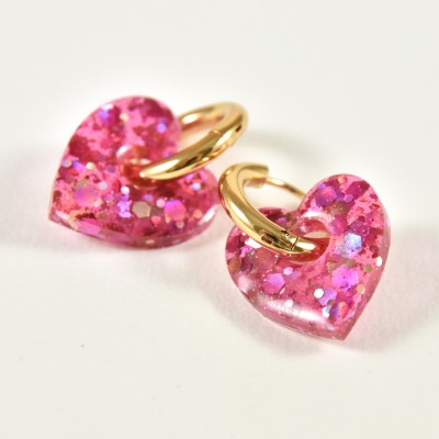 BOUCLES CREOLES COEUR RESINE ROSE CREA ACIER INOX GOLD PETIT PRIX