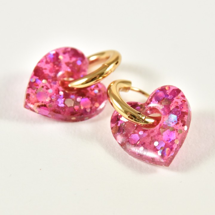 BOUCLES CREOLES COEUR RESINE ROSE CREA ACIER INOX GOLD PETIT PRIX