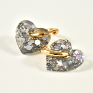 BOUCLES CREOLES COEUR RESINE GRIS CREA ACIER INOX GOLD PETIT PRIX