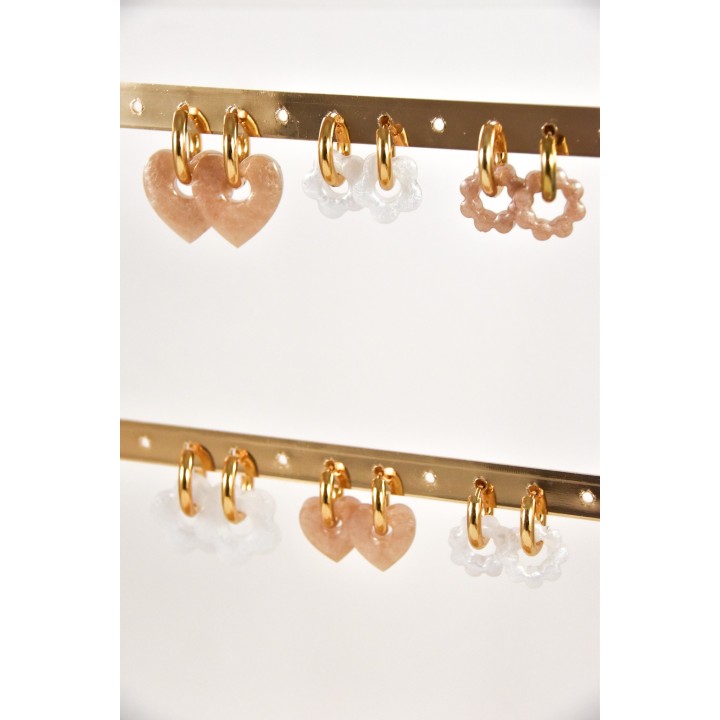 BOUCLES CREOLES COEUR RESINE ROSE CREA ACIER INOX GOLD PETIT PRIX