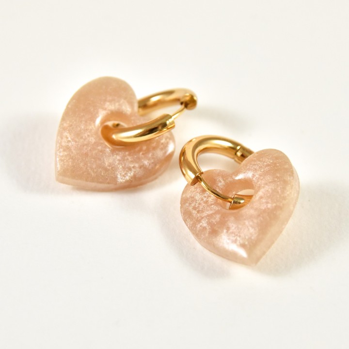BOUCLES CREOLES COEUR RESINE ROSE CREA ACIER INOX GOLD PETIT PRIX