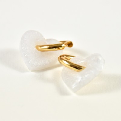 BOUCLES CREOLES COEUR RESINE BLANC CREA ACIER INOX GOLD PETIT PRIX