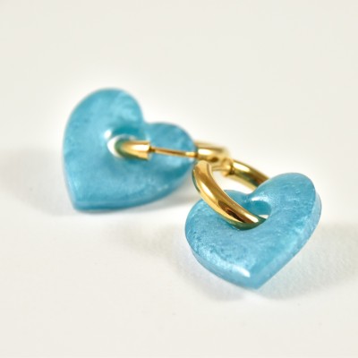 BOUCLES CREOLES COEUR RESINE BLEU CREA ACIER INOX GOLD PETIT PRIX