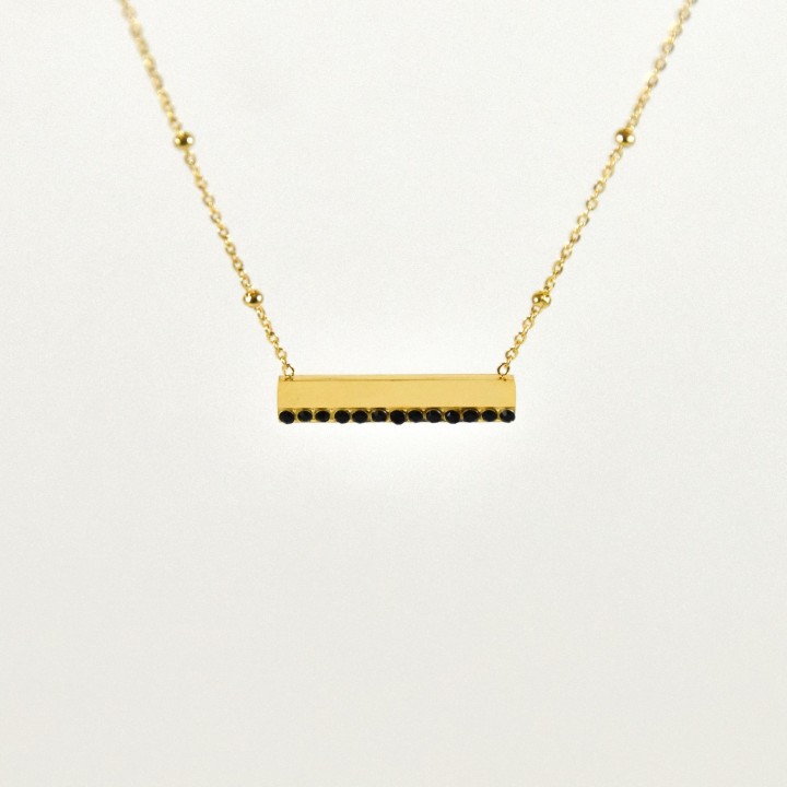 COLLIER MEDAILLON STRASS NOIRS ACIER INOXYDABLE GOLD PETIT PRIX