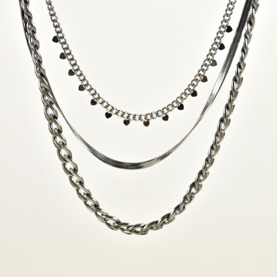 COLLIER TRIPLE RANGS COEUR ACIER INOXYDABLE SILVER PETIT PRIX