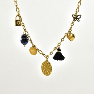 COLLIER CHARMS MAILLE CISELEE ACIER INOXYDABLE GOLD PETIT PRIX