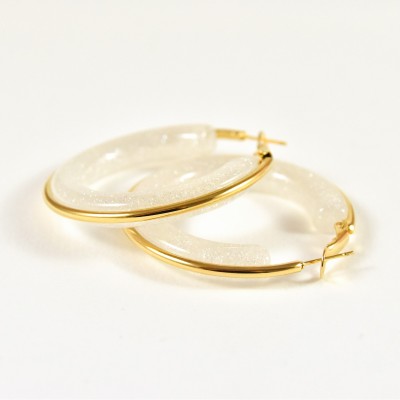 BOUCLES CREOLES RESINE BLANCHE ACIER INOXYDABLE GOLD PETIT PRIX