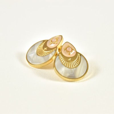 BOUCLES RONDES GRAVEES NACRE ROSE ACIER INOXYDABLE GOLD PETIT PRIX
