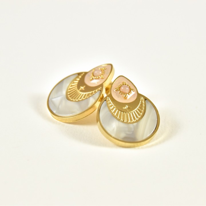 BOUCLES RONDES GRAVEES NACRE ROSE ACIER INOXYDABLE GOLD PETIT PRIX