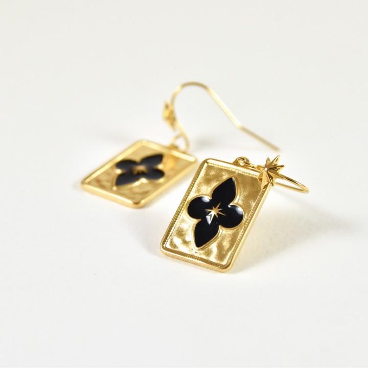BOUCLES FLEUR NOIRE ETOILE ACIER INOXYDABLE GOLD PETIT PRIX