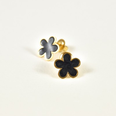 BOUCLES FLEUR NOIRE ACIER INOXYDABLE GOLD PETIT PRIX