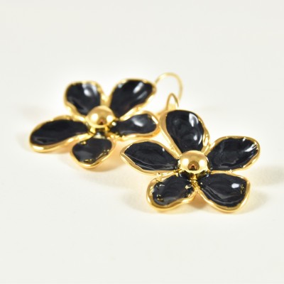 BOUCLES FLEUR NOIRE BRILLANTE ACIER INOXYDABLE GOLD PETIT PRIX