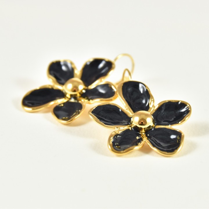 BOUCLES FLEUR NOIRE BRILLANTE ACIER INOXYDABLE GOLD PETIT PRIX