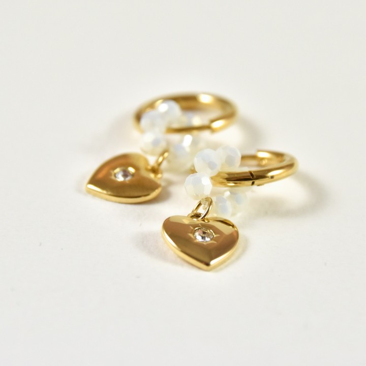 BOUCLES FLEUR BLANCHE COEUR ACIER INOXYDABLE GOLD PETIT PRIX