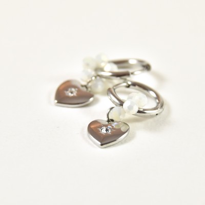 BOUCLES FLEUR BLANCHE COEUR ACIER INOXYDABLE SILVER PETIT PRIX