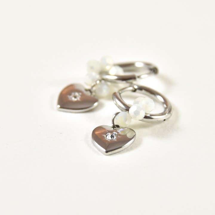 BOUCLES FLEUR BLANCHE COEUR ACIER INOXYDABLE SILVER PETIT PRIX