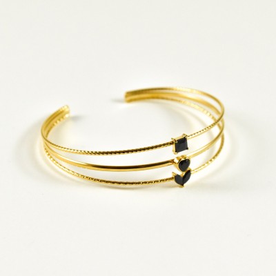 JONC TRIPLE STRASS NOIR ACIER INOXYDABLE GOLD PETIT PRIX