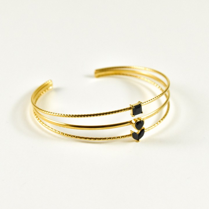 JONC TRIPLE STRASS NOIR ACIER INOXYDABLE GOLD PETIT PRIX