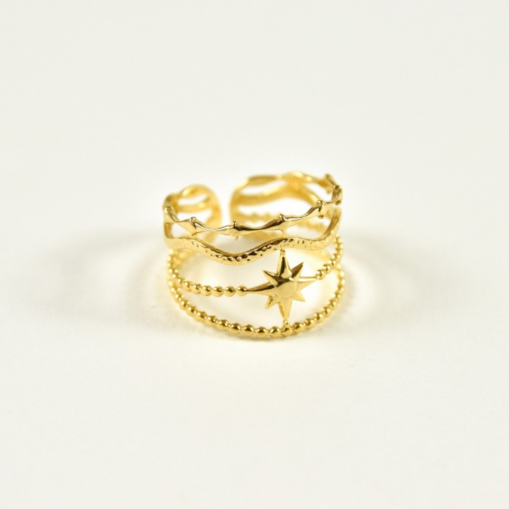 BAGUE ANNEAUX ONDULES ETOILE ACIER INOXYDABLE GOLD PETIT PRIX