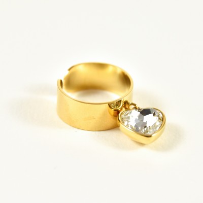 BAGUE LARGE COEUR STRASS ACIER INOXYDABLE GOLD PETIT PRIX