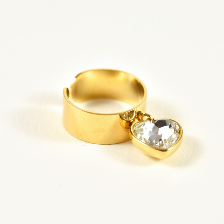 BAGUE LARGE COEUR STRASS ACIER INOXYDABLE GOLD PETIT PRIX
