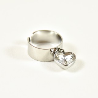 BAGUE LARGE COEUR STRASS ACIER INOXYDABLE SILVER PETIT PRIX