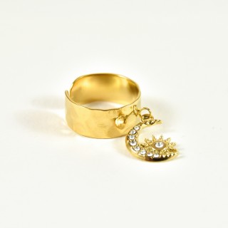 BAGUE LARGE LUNE ETOILE STRASS ACIER INOXYDABLE GOLD PETIT PRIX