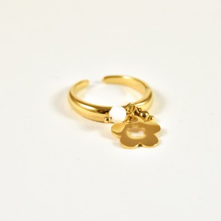 BAGUE PERLE BLANCHE FLEUR ACIER INOXYDABLE GOLD PETIT PRIX