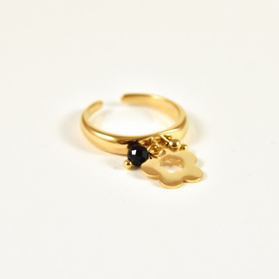 BAGUE PERLE NOIRE FLEUR ACIER INOXYDABLE GOLD PETIT PRIX