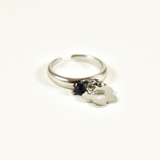 BAGUE PERLE NOIRE FLEUR ACIER INOXYDABLE SILVER PETIT PRIX