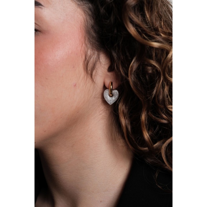 BOUCLES CREOLES COEUR RESINE BLANC CREA ACIER INOX GOLD PETIT PRIX