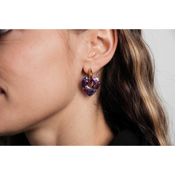 BOUCLES CREOLES COEUR RESINE VIOLET CREA ACIER INOX GOLD PETIT PRIX