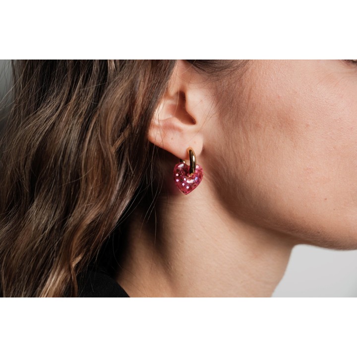 BOUCLES CREOLES COEUR RESINE ROSE CREA ACIER INOX GOLD PETIT PRIX